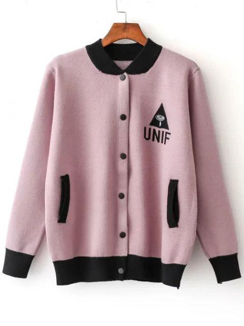 Romwe Pink Varsity Knitted Bomber Jacket With Pocket