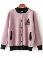 Romwe Pink Varsity Knitted Bomber Jacket With Pocket