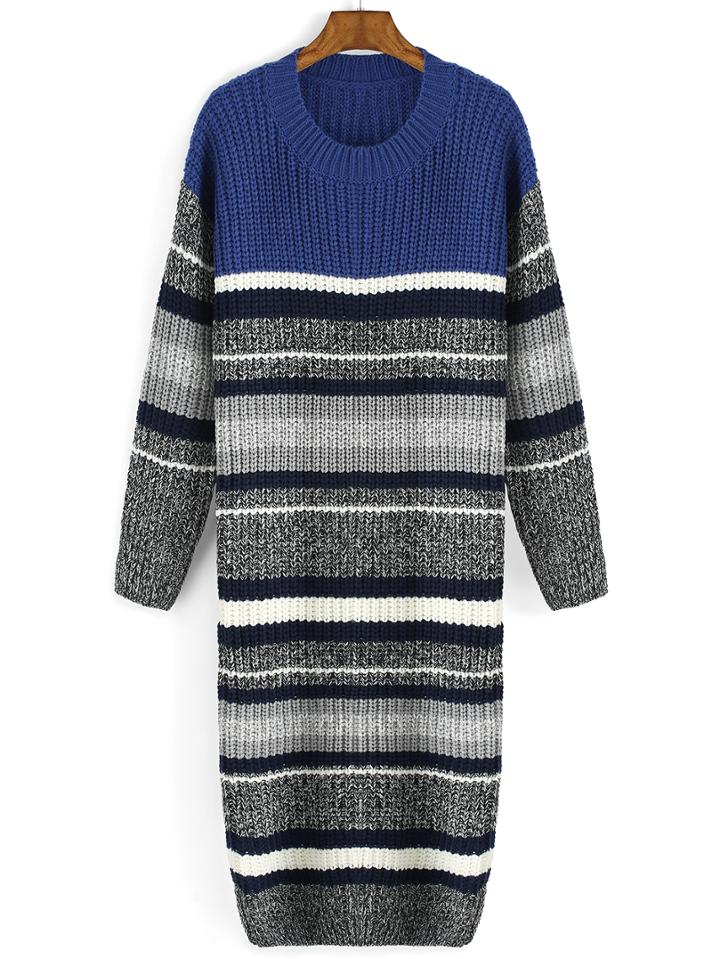 Romwe Round Neck Striped Sweater Dress