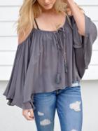 Romwe Grey Cold Shoulder Bell Sleeve Lace Up Shirt