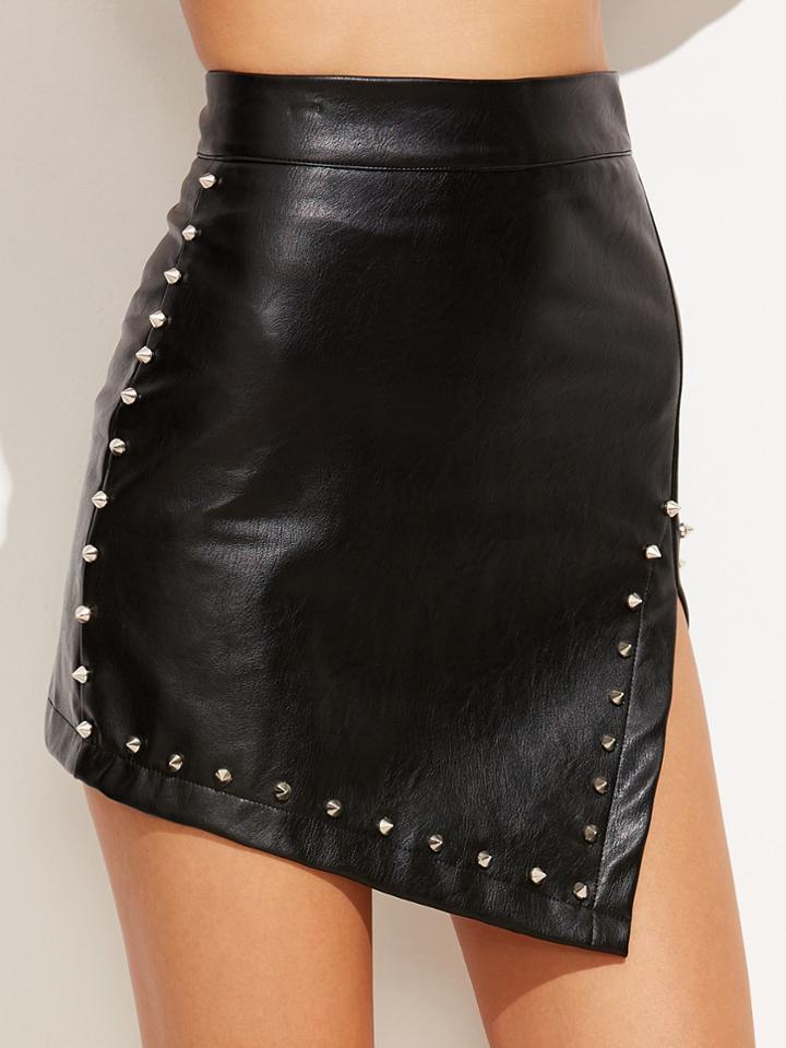 Romwe Black Faux Leather Asymmetrical Studs Skirt