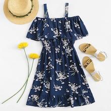 Romwe Cold Shoulder Floral Print Tiered Dress