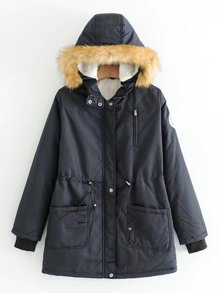 Romwe Faux Fur Hooded Parka Coat