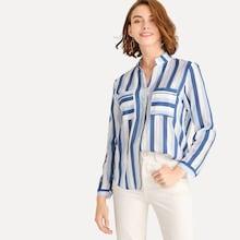 Romwe Single Breasted Pocket Side Striped Blouse