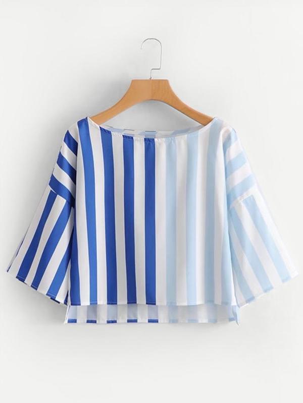 Romwe Step Hem Striped Splicing Blouse