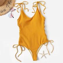 Romwe Ribbed Lace-up Low Back One Piece Swimsuit