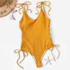 Romwe Ribbed Lace-up Low Back One Piece Swimsuit