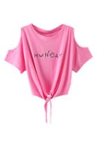 Romwe Off-shoulder Self-tie Pink Mid-riff T-shirt