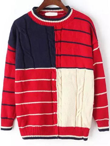 Romwe Striped Cable Knit Red Sweater