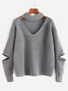 Romwe Grey Choker Neck Sweater With Sleeve Zip Detail