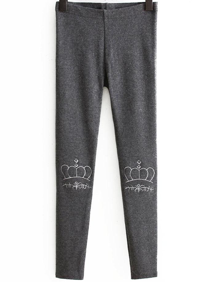 Romwe Dark Grey Crown Embroidery Skinny Leggings