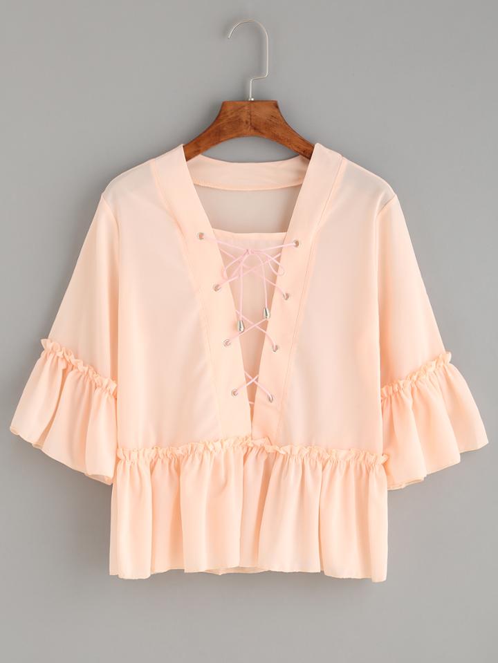 Romwe Pink Lace Up Ruffle Blouse