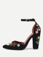 Romwe Calico Embroidery Pointed Toe High Heels