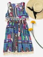 Romwe Aztec Print Random Layered Fringe Dress