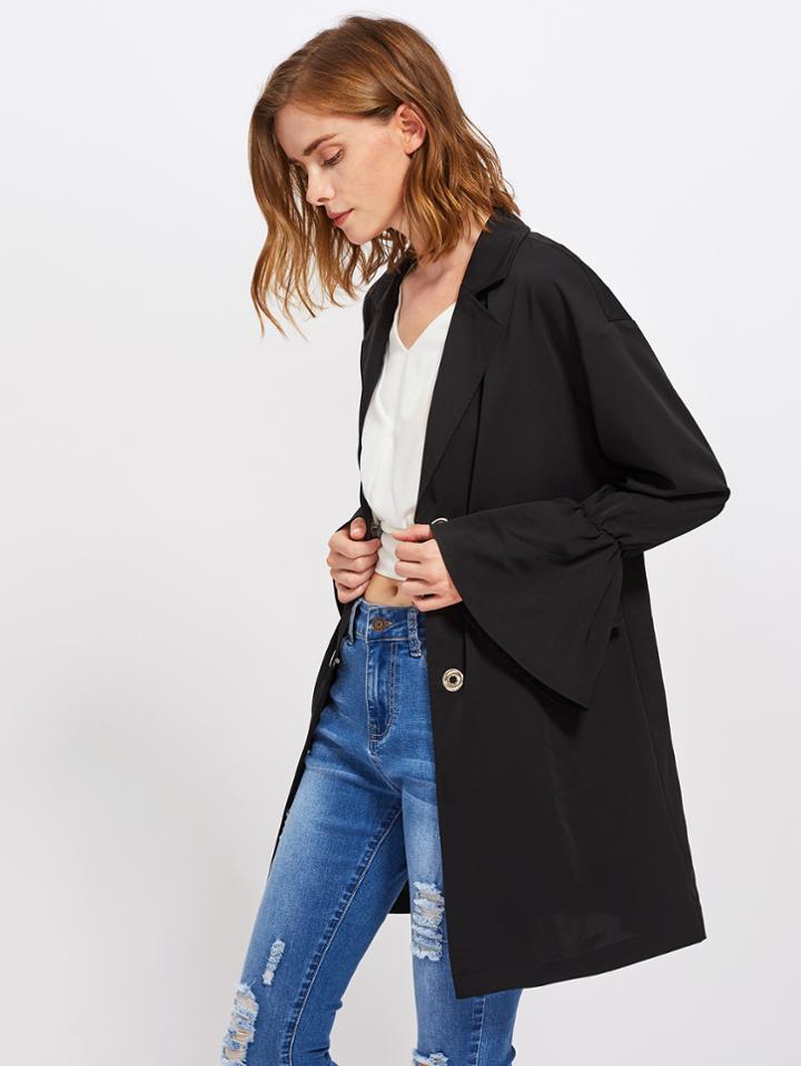 Romwe Bell Sleeve Snap Button Closure Longline Blazer