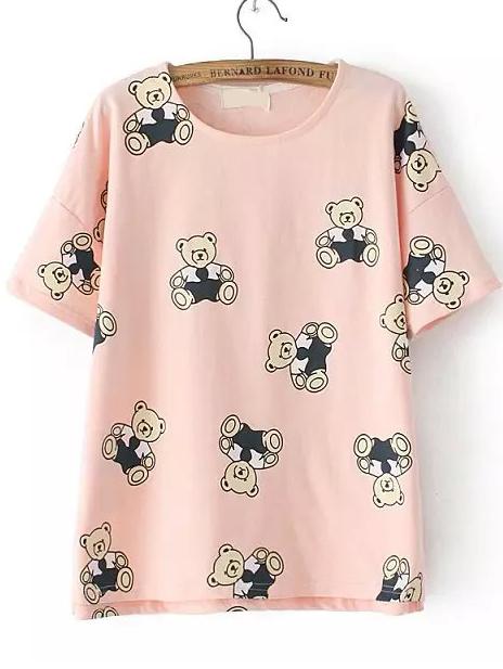 Romwe Dip Hem Cubs Print Pink T-shirt