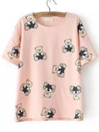 Romwe Dip Hem Cubs Print Pink T-shirt