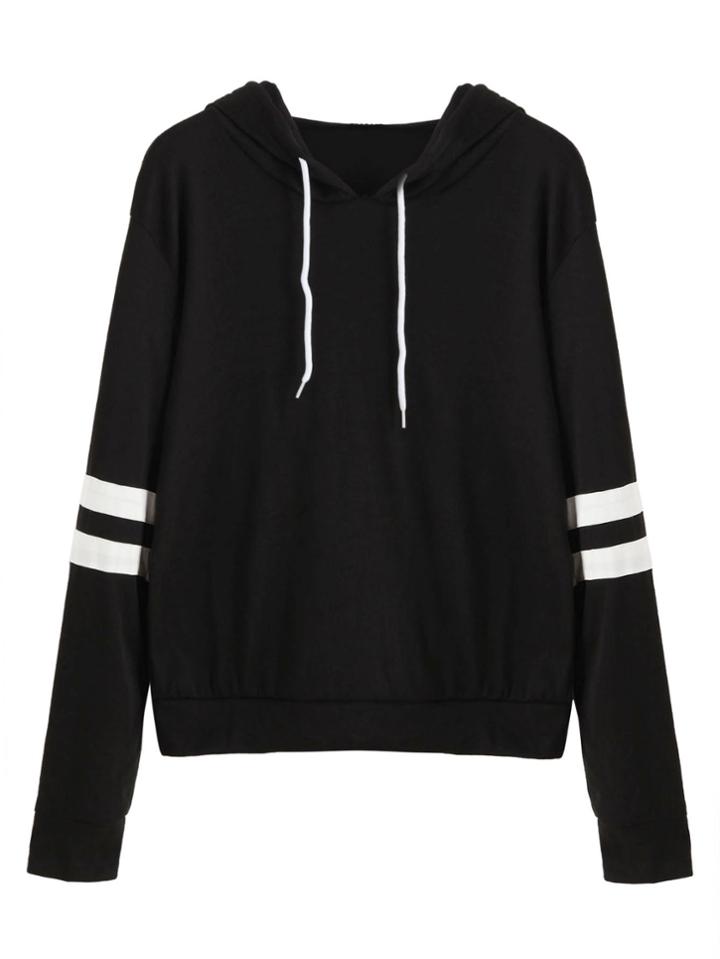 Romwe Black Varsity Striped Drawstring Hooded Sweatshirt
