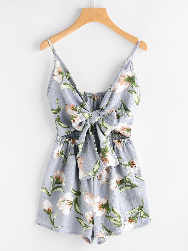 Romwe Floral Print Cut Out Knot Front Cami Romper