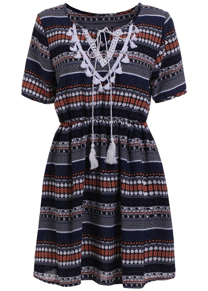 Romwe With Tassel Tribal Print Blue Dress