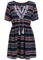 Romwe With Tassel Tribal Print Blue Dress