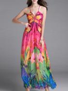 Romwe Multicolor Spaghetti Strap Elastic Maxi Dress