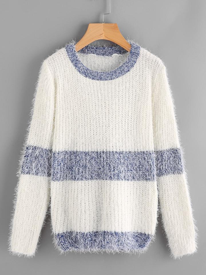 Romwe Striped Fuzzy Knit Jumper