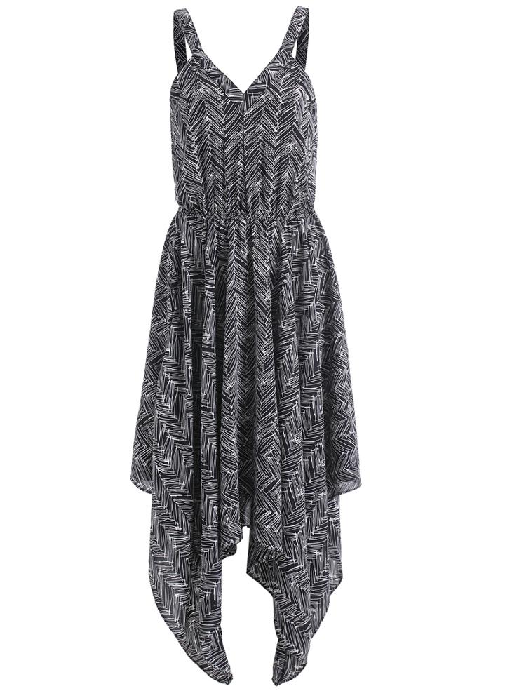 Romwe Deep Plunge Neck Vintage Print Asymmetrical Hem Dress