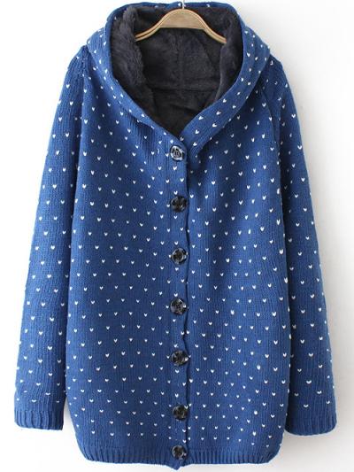 Romwe Hooded Heart Pattern Blue Coat