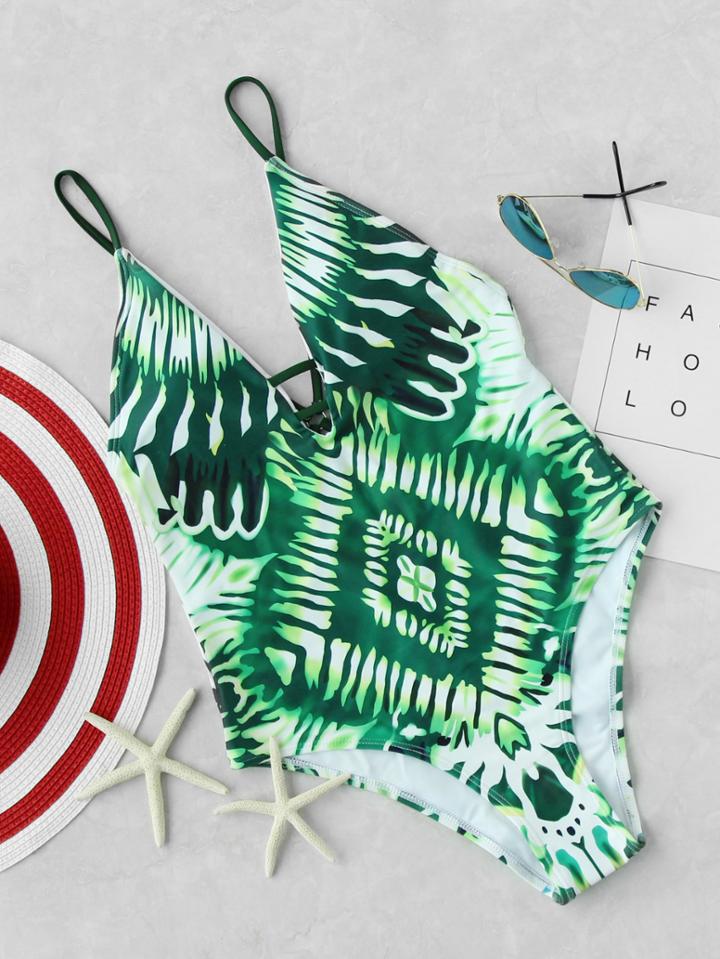 Romwe Tropical Print V-cut Strappy Back Swimsuit
