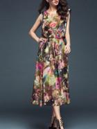 Romwe Coffee Round Neck Sleeveless Floral Print Dress