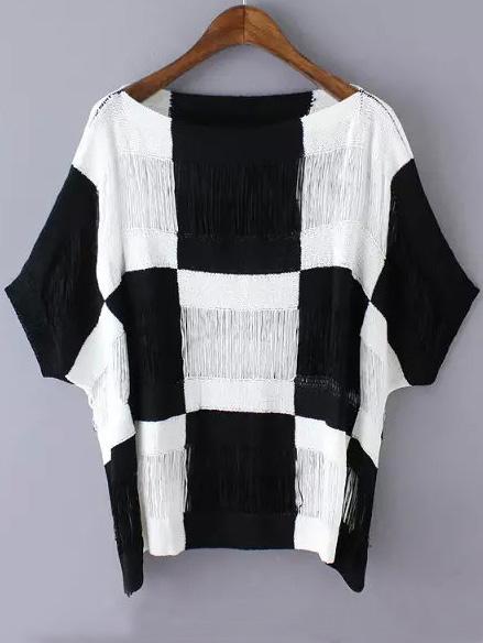 Romwe Bat Sleeve Plaid Hollow Black Sweater