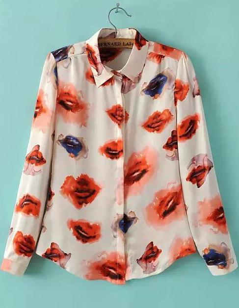 Romwe Apricot Long Sleeve Lips Print Blouse