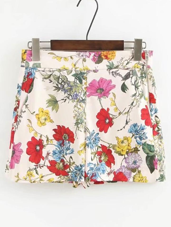 Romwe Zipper Side Floral Print Shorts