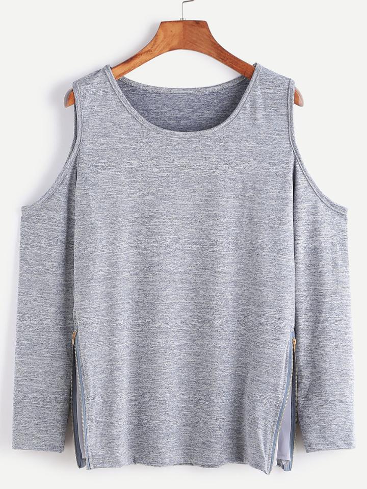 Romwe Grey Open Shoulder Zip Side Detail T-shirt