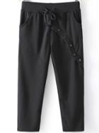 Romwe Drawstring Waist Buttons Crop Black Pant