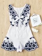 Romwe Embroidered Bow Tie Open Front Romper