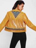 Romwe Embroidery Applique And Fringe Detail Biker Jacket