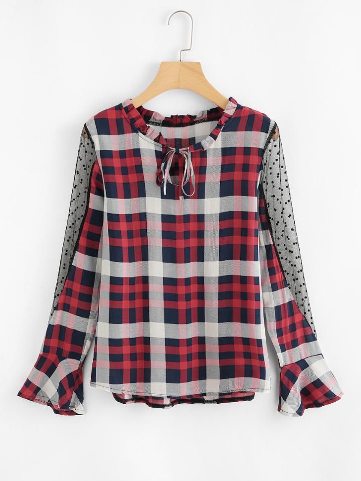 Romwe Tie Neck Sheer Mesh Panel Sleeve Checked Top
