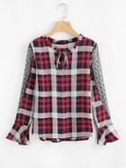 Romwe Tie Neck Sheer Mesh Panel Sleeve Checked Top