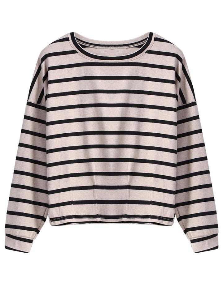 Romwe Round Neck Striped Loose Apricot T-shirt