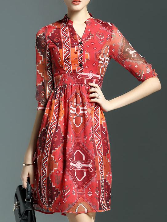 Romwe Orange V Neck Geometric Print A-line Dress