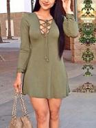 Romwe Long Sleeve Bandage A-line Army Green Dress