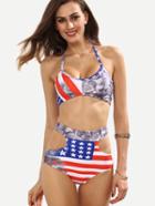 Romwe Multicolor Stars And Stripes Print Cutout Bikini Set