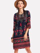 Romwe Botanical Print Tassel Tie Neck Tunic Dress