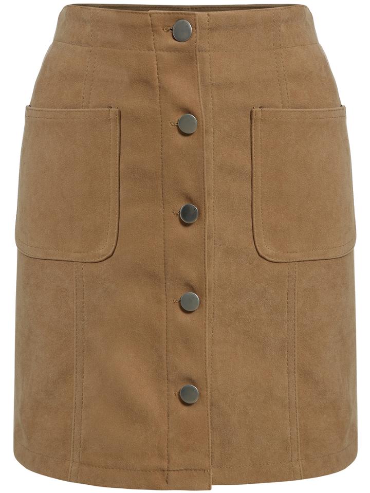 Romwe Single Breasted Pockets Suede Khaki Skirt