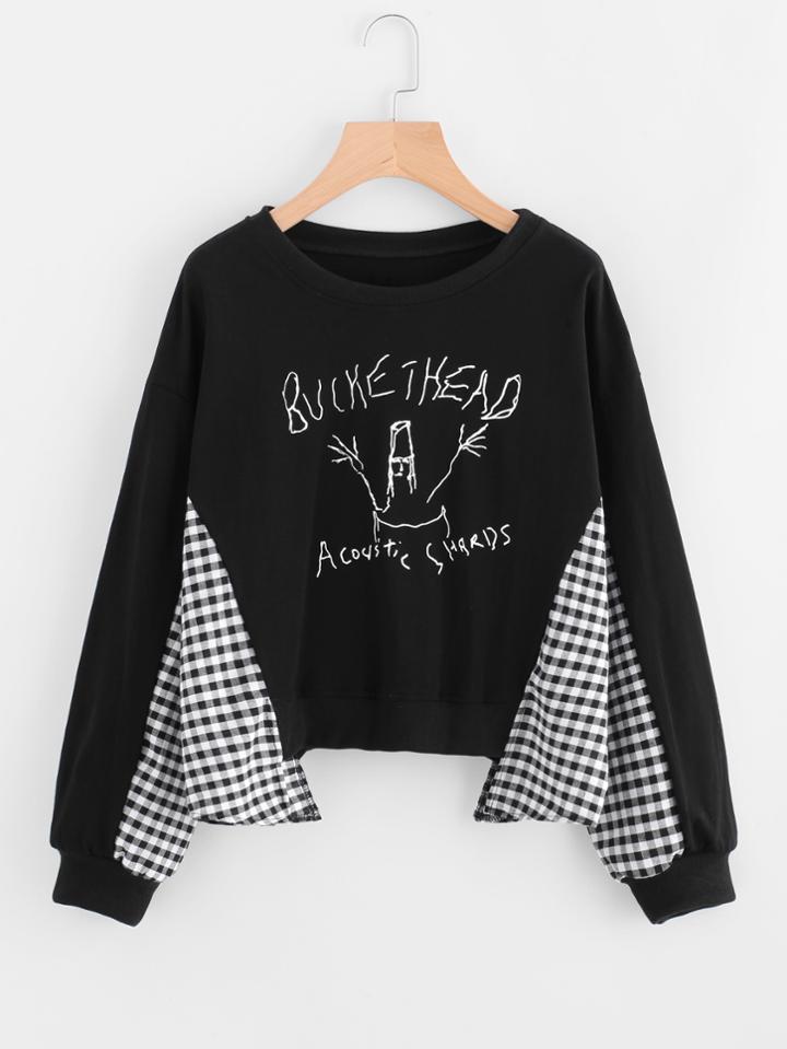 Romwe Contrast Gingham Panel Graffiti Print Pullover