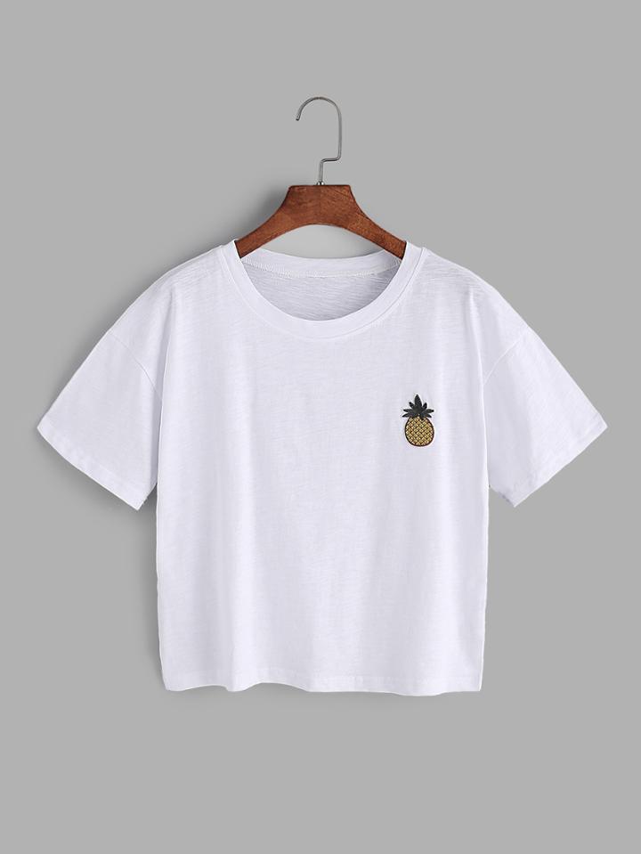 Romwe White Pineapple Embroidered Patch T-shirt
