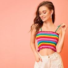 Romwe Rainbow Stripe Shirred Cami Top