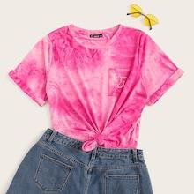 Romwe Plus Pocket Patch Rolled Cuff Tie Dye Tee